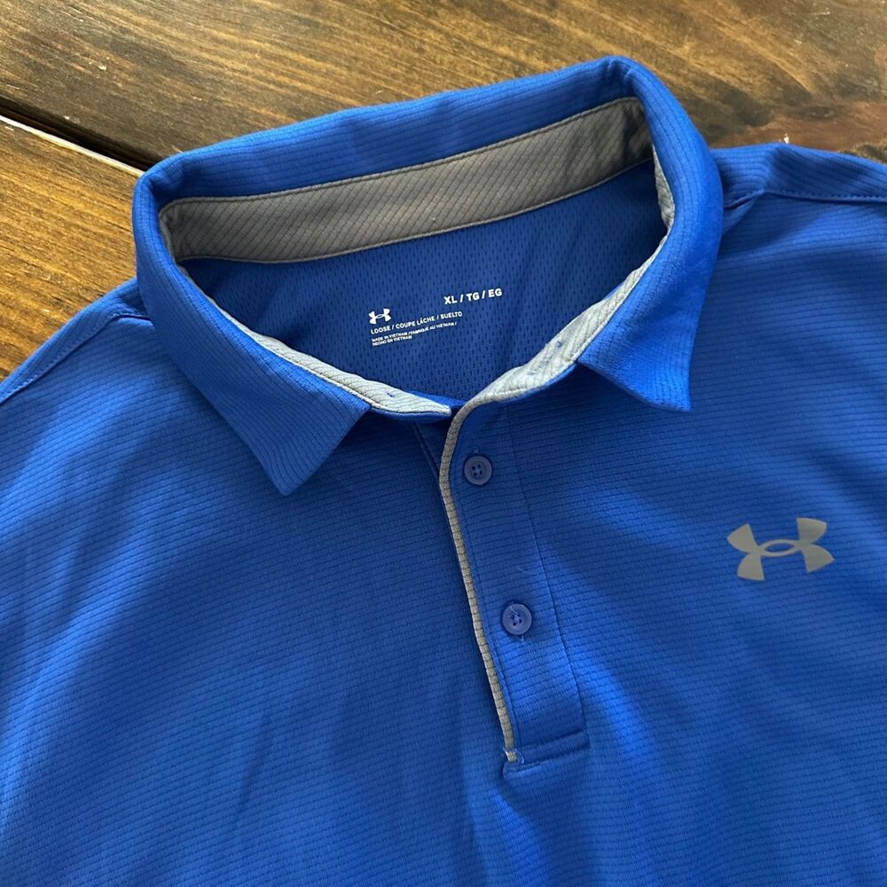 Under Armour Polo Shirt Mens XL Blue Loose Golf Moisture Wicking Performance